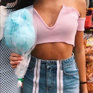 Light blue strapless  off the shoulder vneck crop